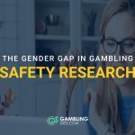 Woman wearing glasses and headphones using a laptop, with text reading “The gender gap in gambling safety research.”