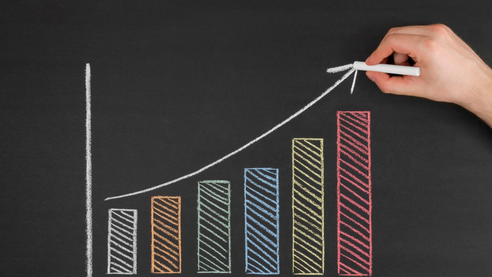 Hand drawing an upward arrow above six increasingly tall, colorful bars on a chalkboard.