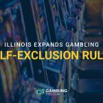 Row of video gambling machines with text reading “Illinois Expands Gambling Self-Exclusion Rules.”