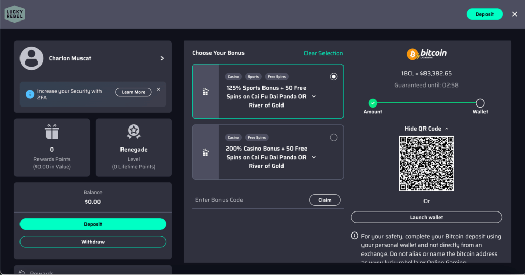 Lucky Rebel Casino deposit screen showing sports and casino bonus options alongside a Bitcoin Lightning payment QR code.
