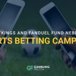 Two hands holding smartphones over a soccer field, with text reading “DraftKings and FanDuel Fund Nebraska Sports Betting Campaign.”