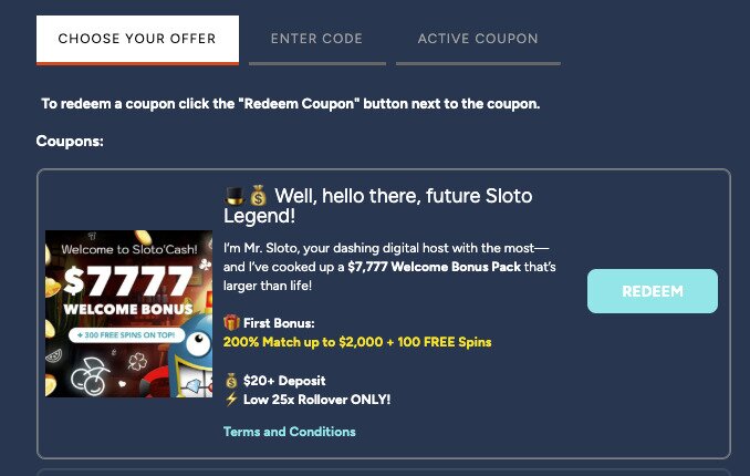 SlotoCash coupon page advertising a $7,777 welcome bonus pack, including a first-deposit 200% match up to $2,000 plus 100 free spins.