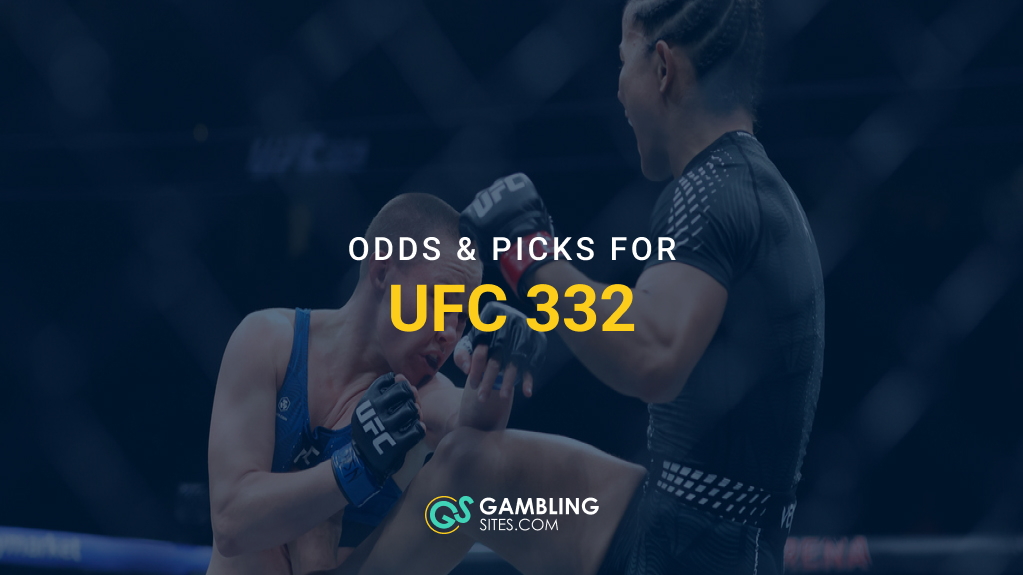 Two UFC fighters competing in the octagon with “Odds & Picks for UFC 332” text and the GamblingSites.com logo.
