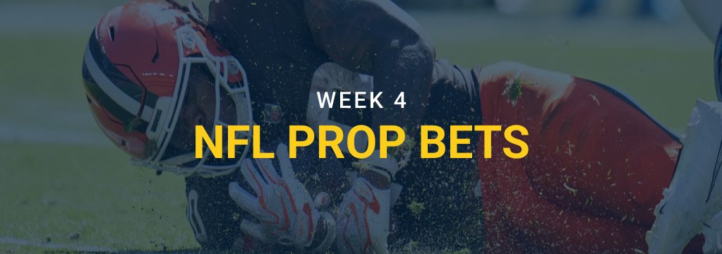 Cleveland Browns player landing on the turf with “Week 4 NFL Prop Bets” text and the GamblingSites.com logo.