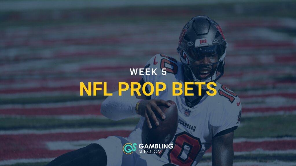 Tampa Bay Buccaneers player holding a football with “Week 5 NFL Prop Bets” text and the GamblingSites.com logo.