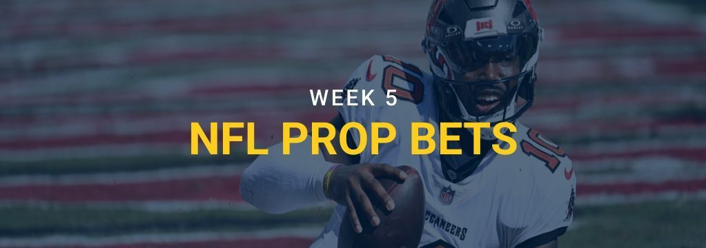 Tampa Bay Buccaneers player holding a football with “Week 5 NFL Prop Bets” text and the GamblingSites.com logo.
