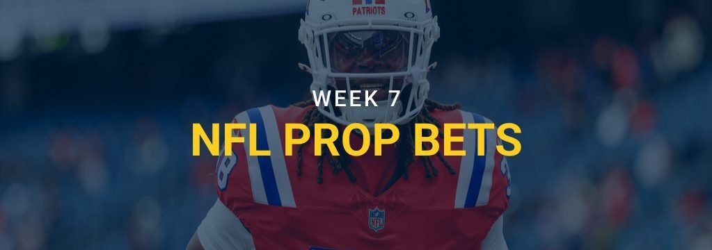 Week 7 NFL prop bets graphic featuring a New England Patriots player and the GamblingSites.com logo.