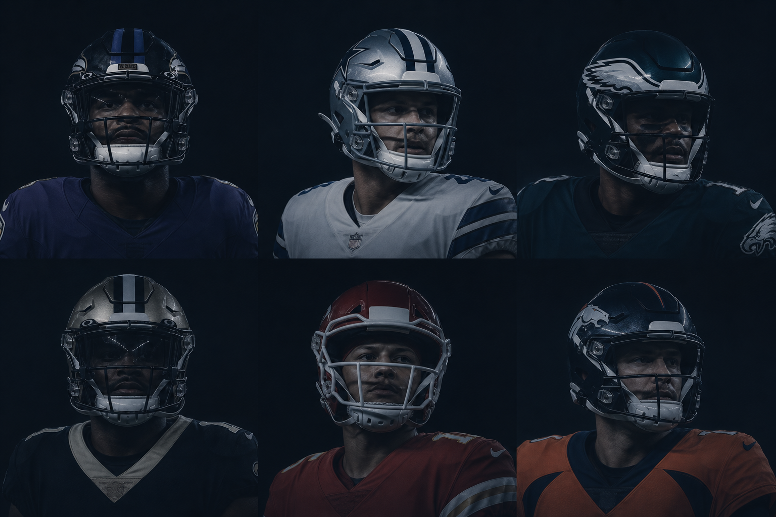 Six NFL quarterbacks in team helmets, arranged in a two-row grid on a dark background.